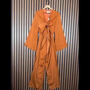 New SNYDS One Piece 6 Womens Orange Front Tie Jumpsuit Satin Rust